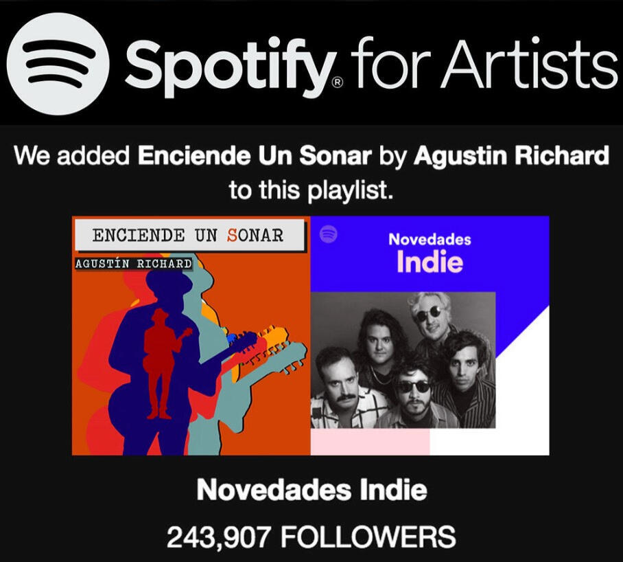 Spotify for artists playlist 'Novedades Indie' included Agustin Richard new single 'Enciende Un Sonar' Spotify for artists playlist 'Novedades Indie' included Agustin Richard new single 'Enciende Un Sonar'